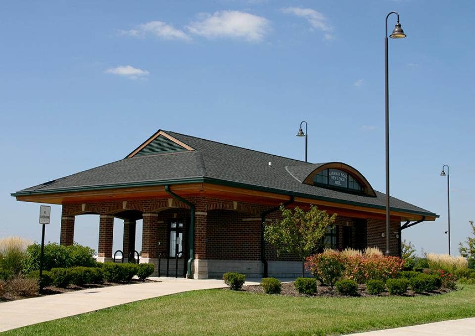 Red brick passenger station.