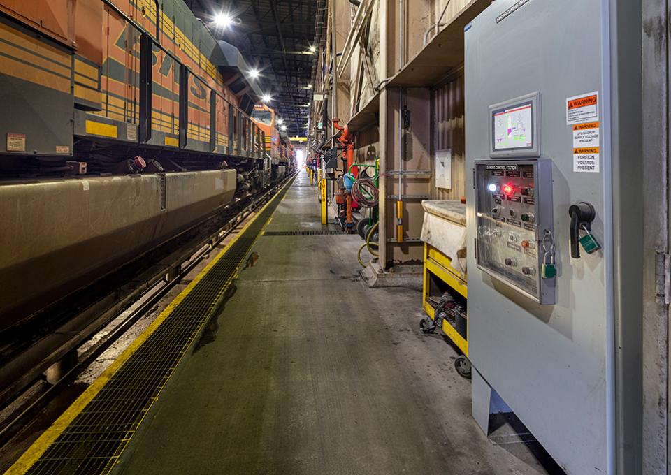 Locomotive car with a view of the sanding control system electrical panel.